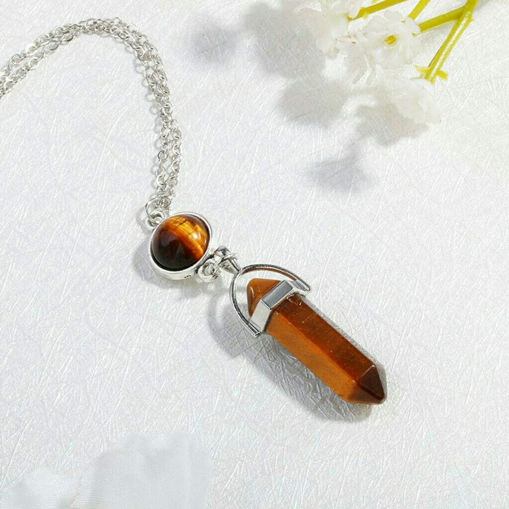 Tiger's Eye Stone Bullet Shape Silvertone Necklace - Picture 4 of 6